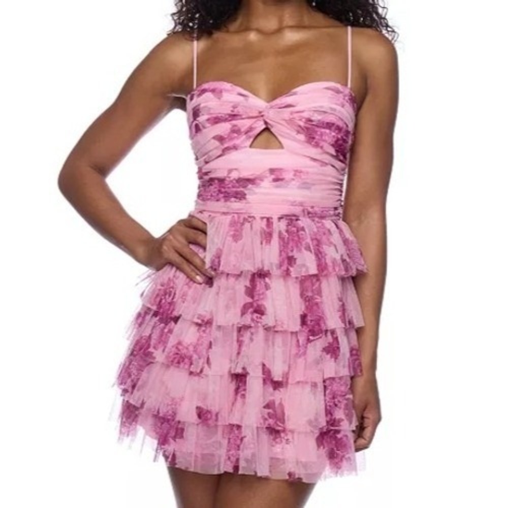 B Darlin Printed Ruffle Tiered Cut Out Pink Mini Dress Juniors Size 1/2 NWT